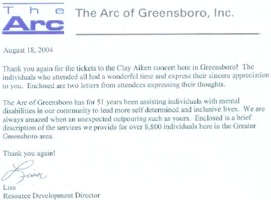 Thank You Letter from The Arc of Greensboro